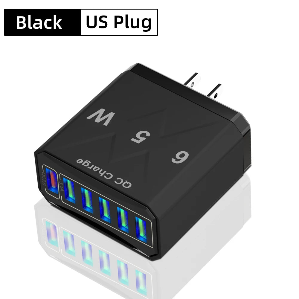 65W Universal Travel Charger – 6 USB Ports Fast Charging with EU, US, UK & KR Plug