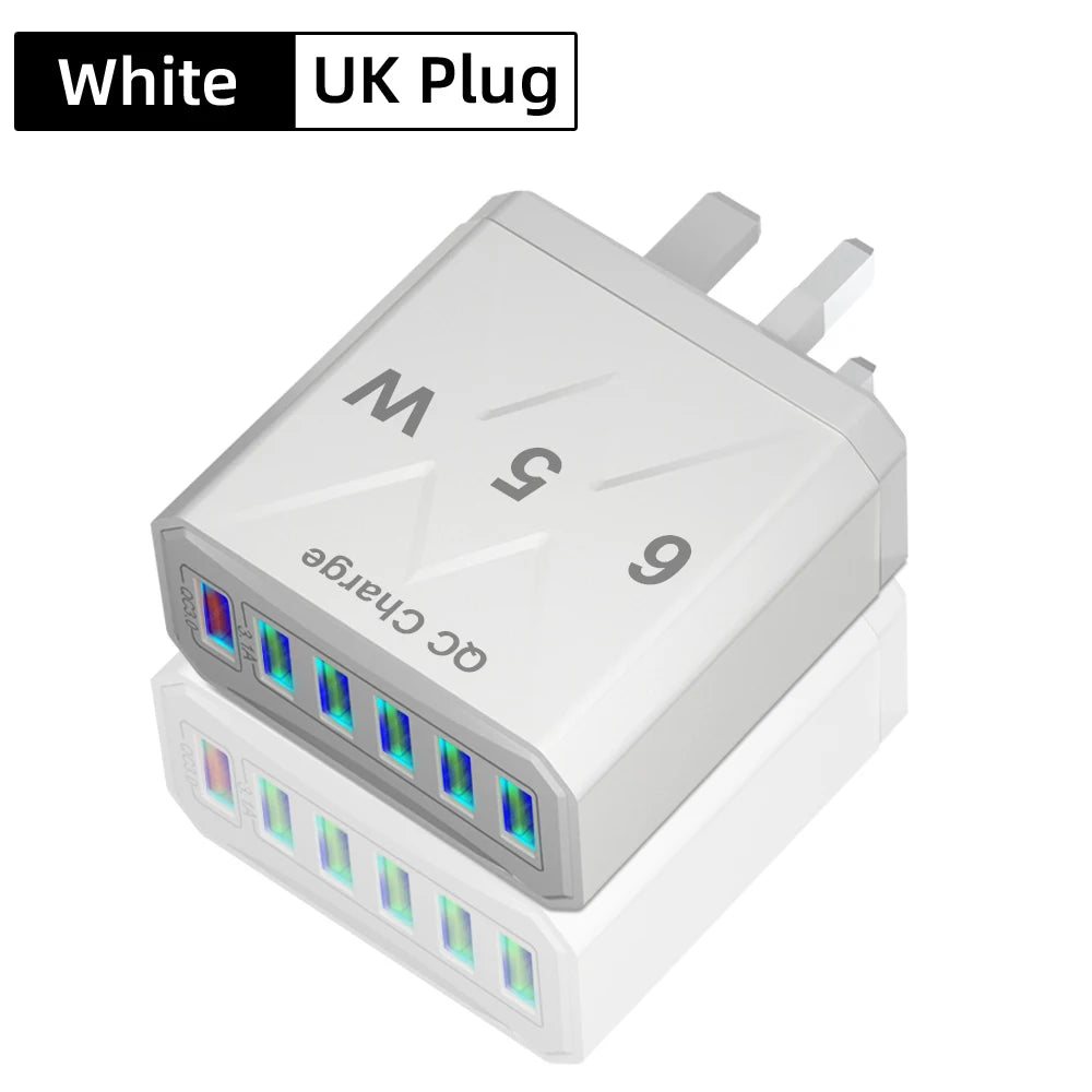 65W Universal Travel Charger – 6 USB Ports Fast Charging with EU, US, UK & KR Plug