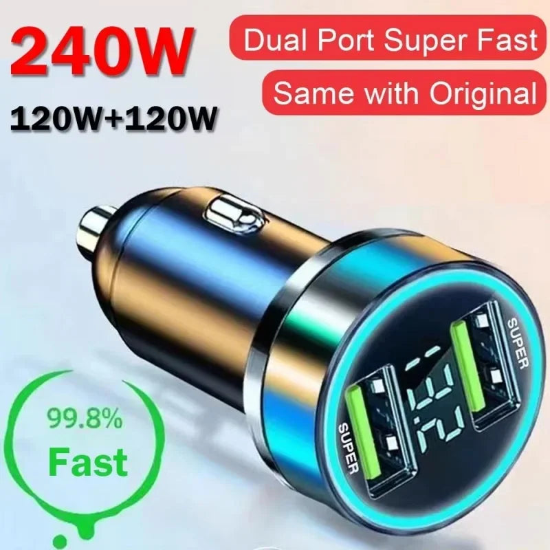 240W Car Charger with Digital Display – Dual USB Fast Charging (120W + PD 20W Options)
