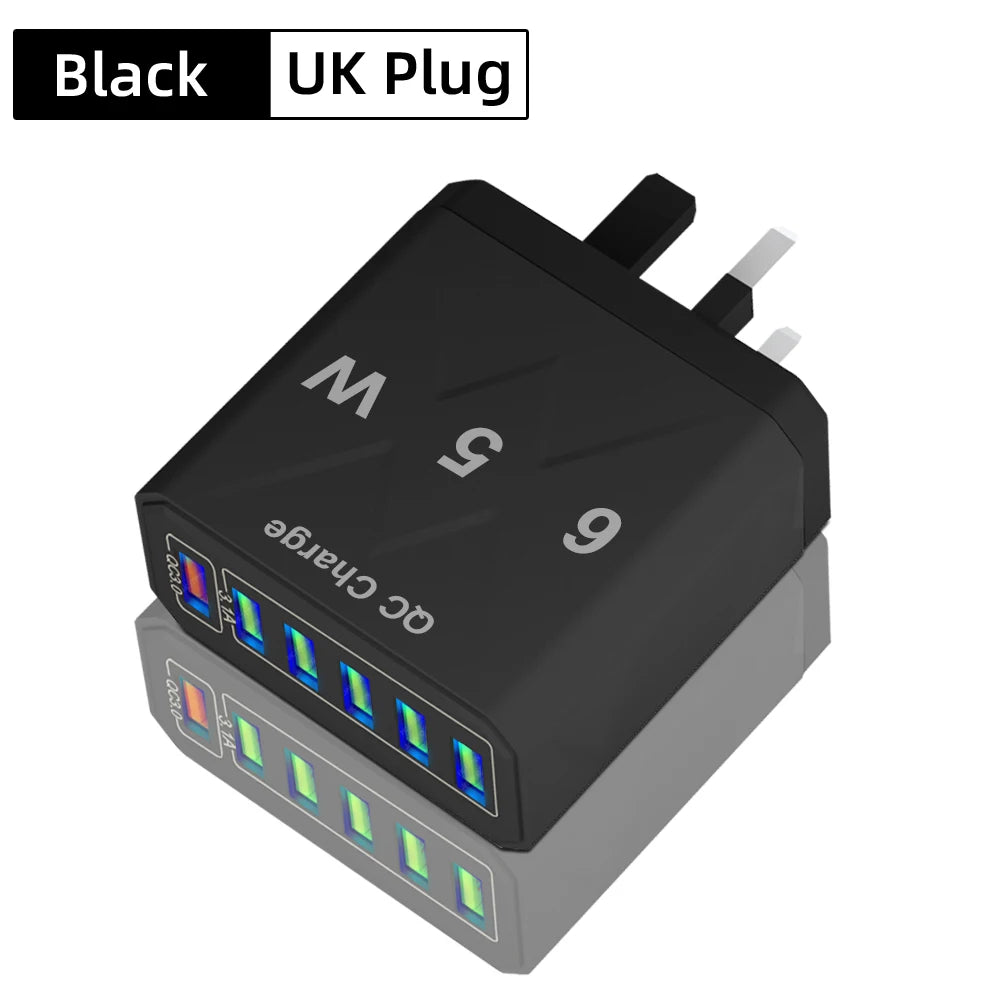65W Universal Travel Charger – 6 USB Ports Fast Charging with EU, US, UK & KR Plug
