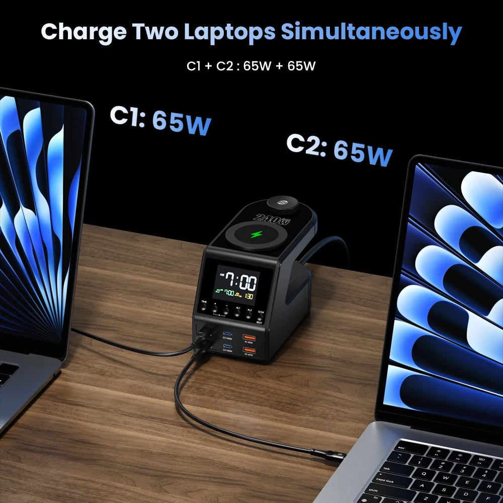 240W GaN Charging Station 10-in-1 – 4×140W USB-C PD3.1 + Wireless Charger & Digital Clock