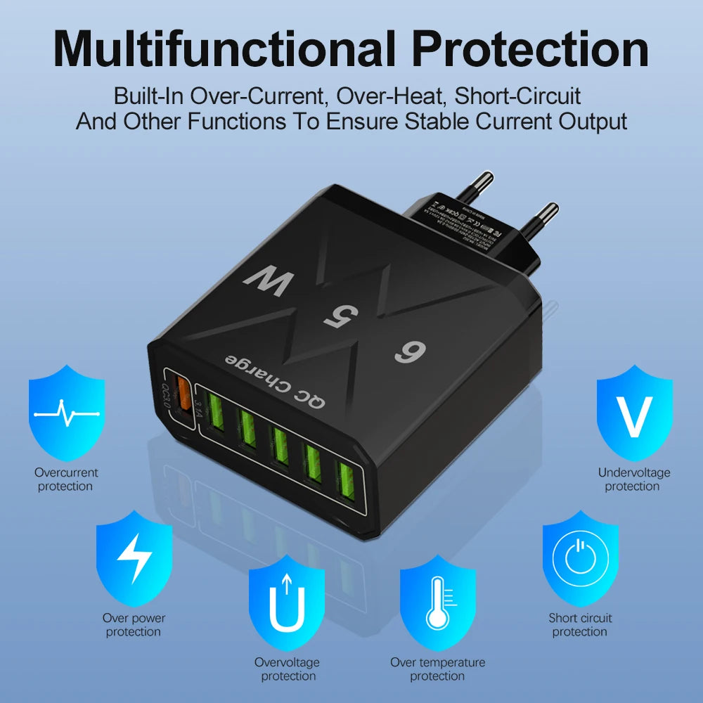 65W Universal Travel Charger – 6 USB Ports Fast Charging with EU, US, UK & KR Plug