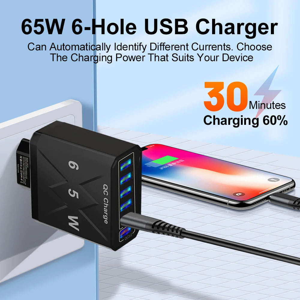 65W Universal Travel Charger – 6 USB Ports Fast Charging with EU, US, UK & KR Plug