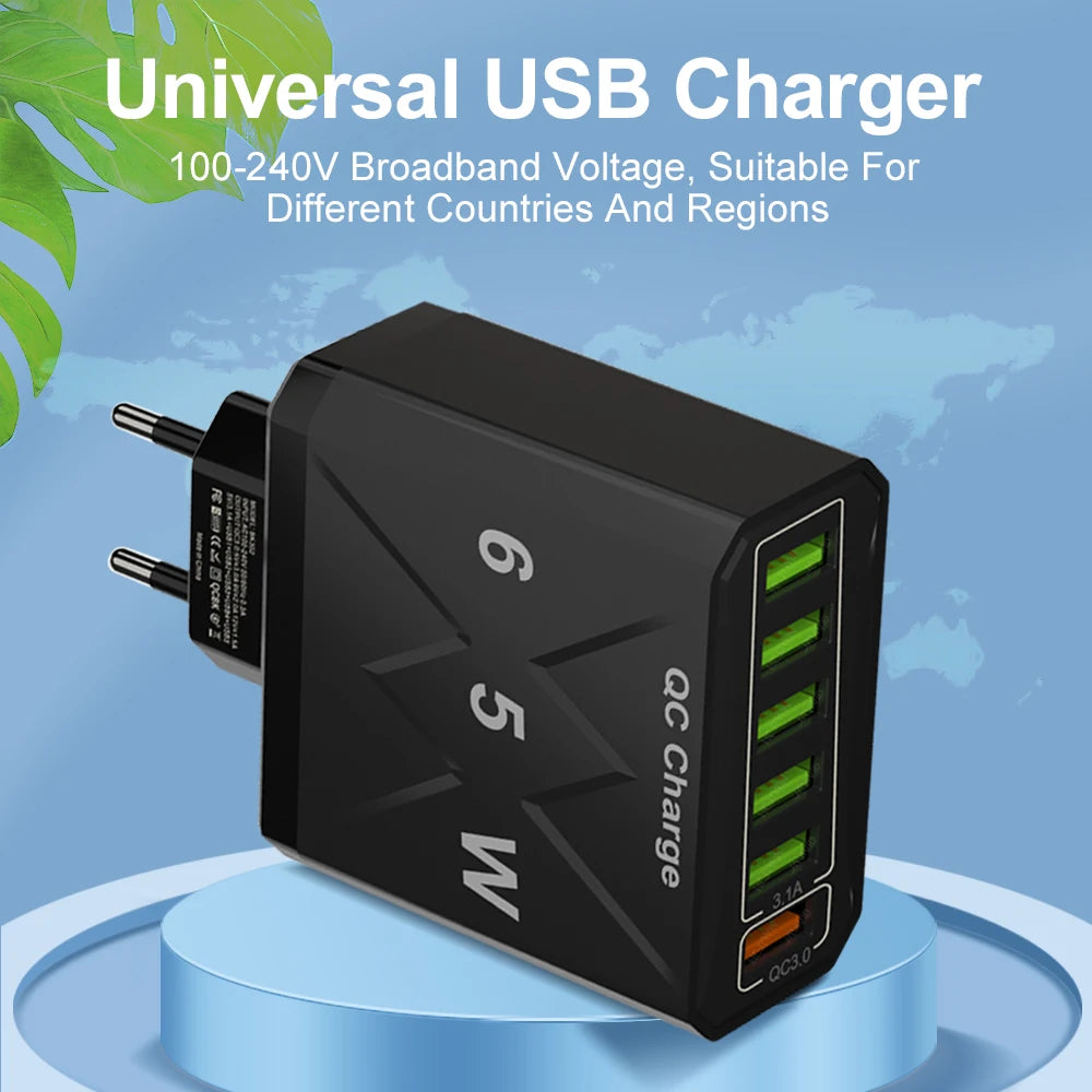 65W Universal Travel Charger – 6 USB Ports Fast Charging with EU, US, UK & KR Plug