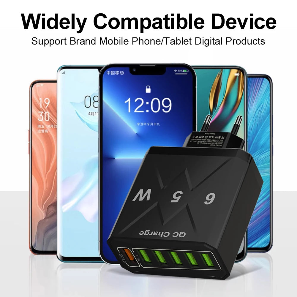 65W Universal Travel Charger – 6 USB Ports Fast Charging with EU, US, UK & KR Plug