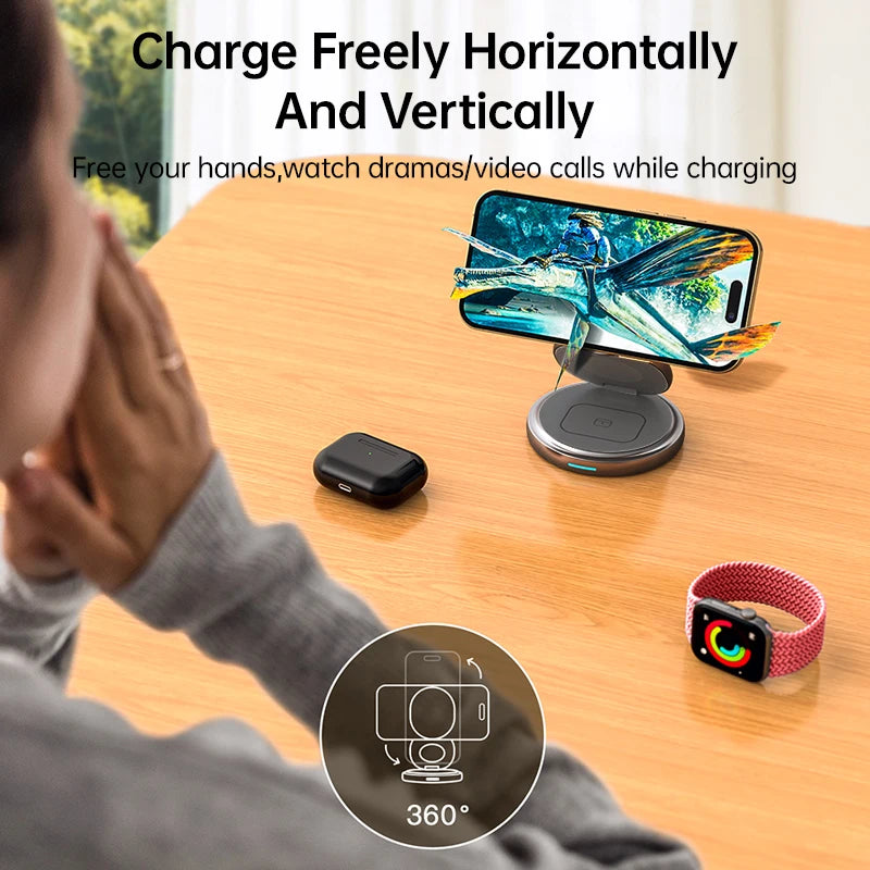 Foldable 3-in-1 Magnetic Wireless Charger 30W – Rotating Stand for iPhone, AirPods & Apple Watch
