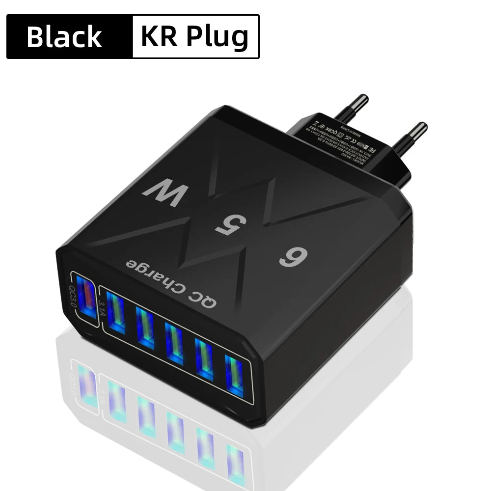 65W Universal Travel Charger – 6 USB Ports Fast Charging with EU, US, UK & KR Plug