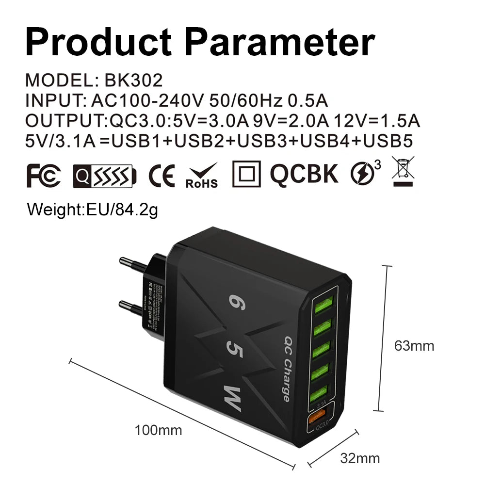 65W Universal Travel Charger – 6 USB Ports Fast Charging with EU, US, UK & KR Plug