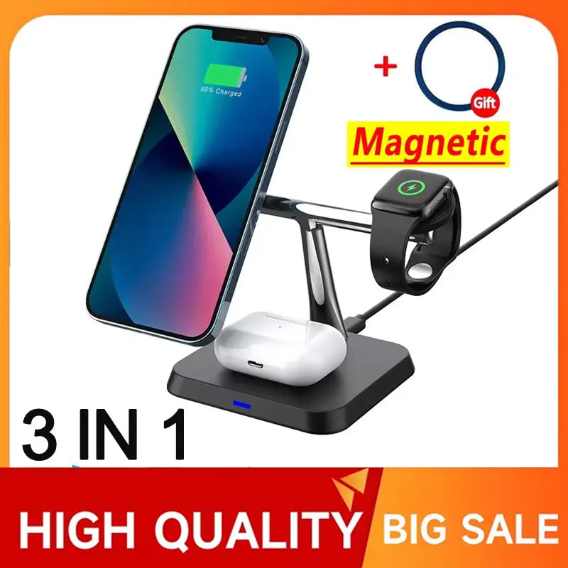 3-in-1 Magnetic Wireless Charger Stand 30W – Fast Charging Dock for iPhone, AirPods & Apple Watch