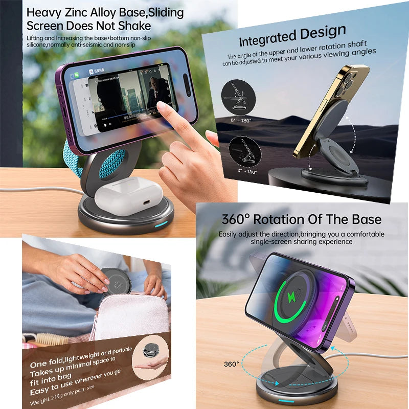 Foldable 3-in-1 Magnetic Wireless Charger 30W – Rotating Stand for iPhone, AirPods & Apple Watch