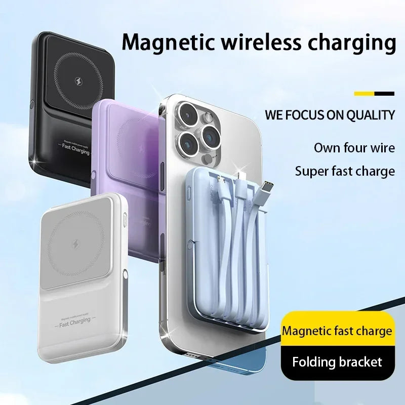 50000mAh Magnetic Wireless Power Bank – 15W Fast Charging, Built-in Cables, 6 Outputs Portable Charger