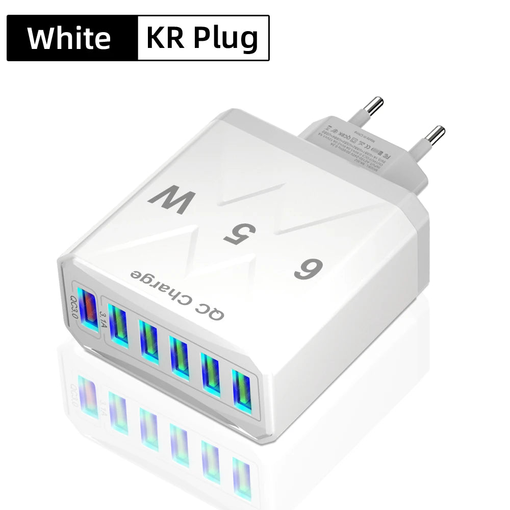 65W Universal Travel Charger – 6 USB Ports Fast Charging with EU, US, UK & KR Plug