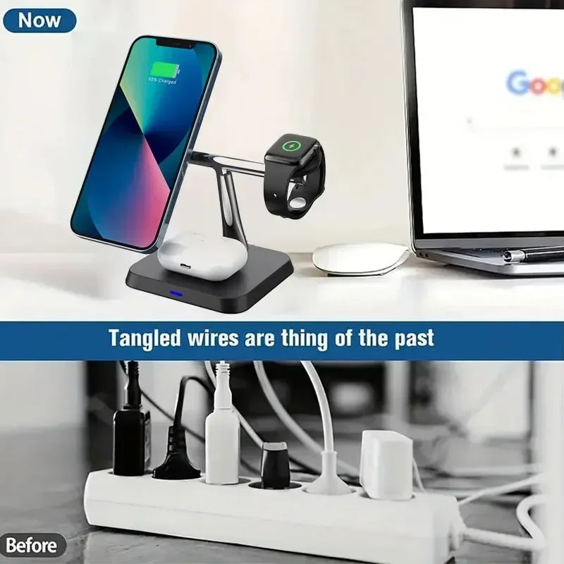 3-in-1 Magnetic Wireless Charger Stand 30W – Fast Charging Dock for iPhone, AirPods & Apple Watch
