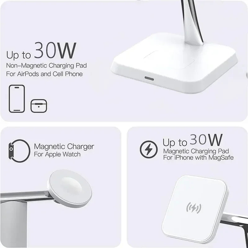 3-in-1 Magnetic Wireless Charger Stand 30W – Fast Charging Dock for iPhone, AirPods & Apple Watch