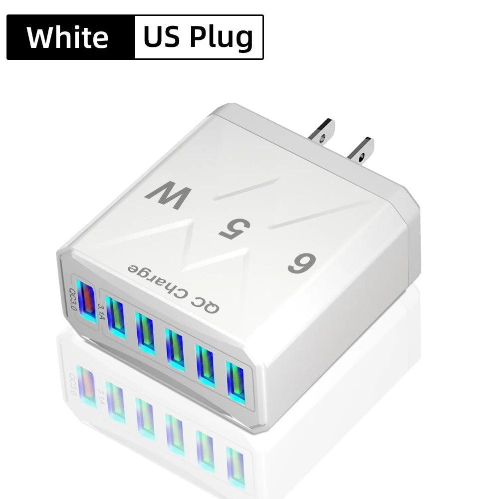 65W Universal Travel Charger – 6 USB Ports Fast Charging with EU, US, UK & KR Plug