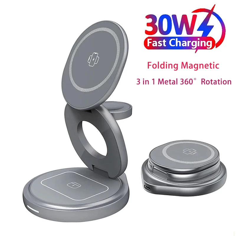 Foldable 3-in-1 Magnetic Wireless Charger 30W – Rotating Stand for iPhone, AirPods & Apple Watch