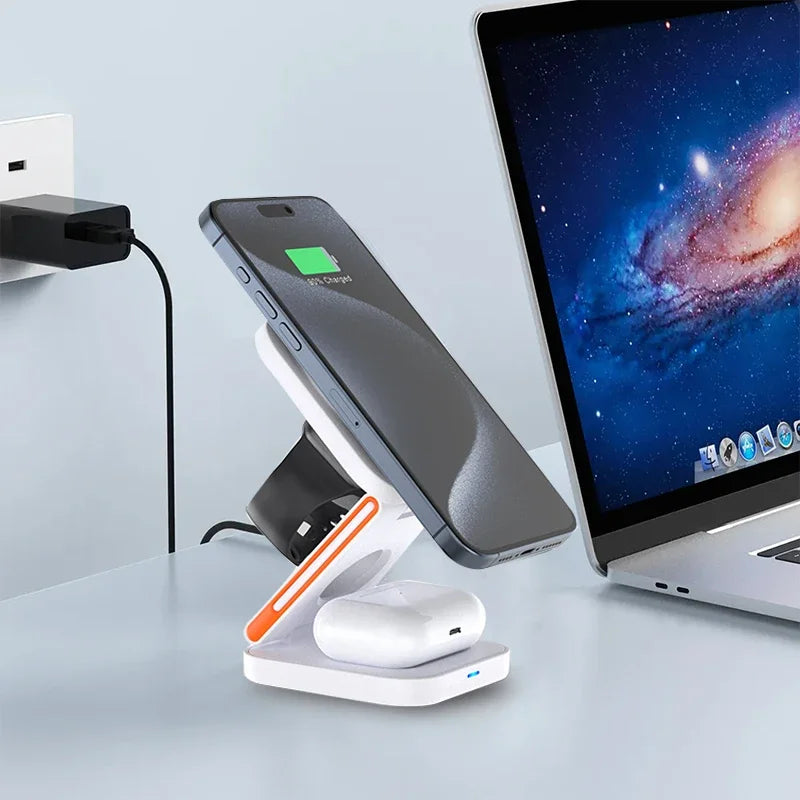 Foldable 3-in-1 Magnetic Wireless Charger – 30W Fast Charging Stand for iPhone, AirPods & Apple Watch