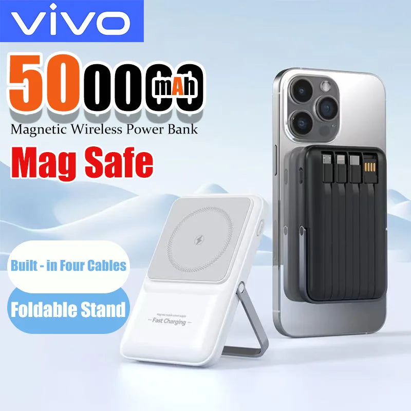 50000mAh Magnetic Wireless Power Bank – 15W Fast Charging, Built-in Cables, 6 Outputs Portable Charger