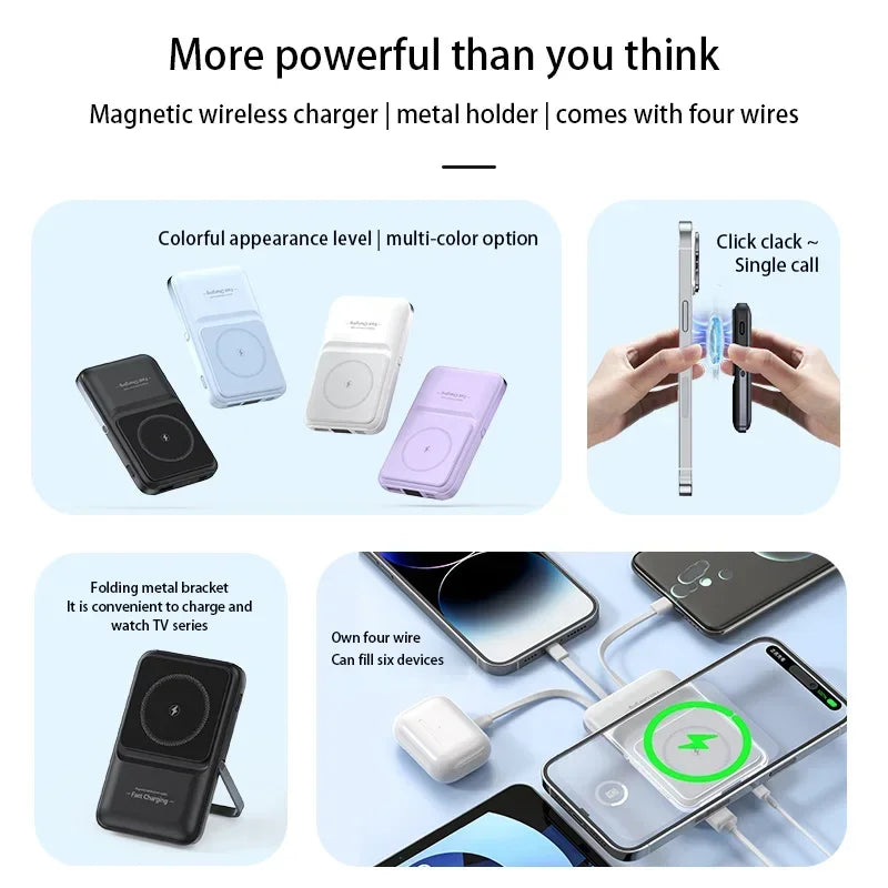 50000mAh Magnetic Wireless Power Bank – 15W Fast Charging, Built-in Cables, 6 Outputs Portable Charger