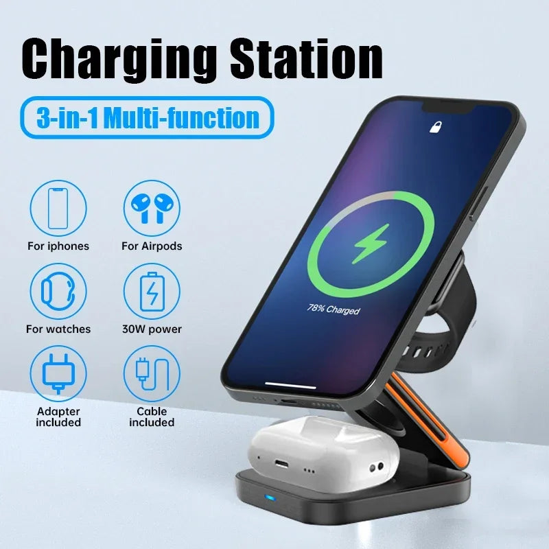 Foldable 3-in-1 Magnetic Wireless Charger – 30W Fast Charging Stand for iPhone, AirPods & Apple Watch