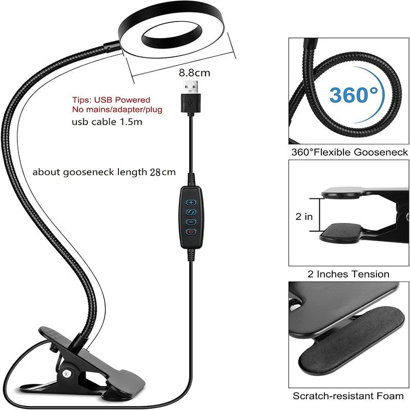 USB Reading Desk Lamp - 3 Modes & 10 Dimming Levels