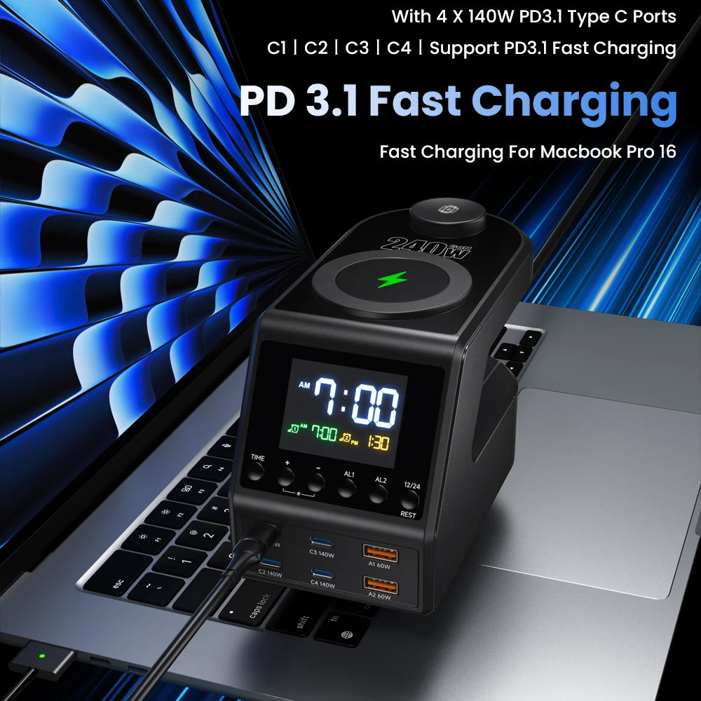 240W GaN Charging Station 10-in-1 – 4×140W USB-C PD3.1 + Wireless Charger & Digital Clock