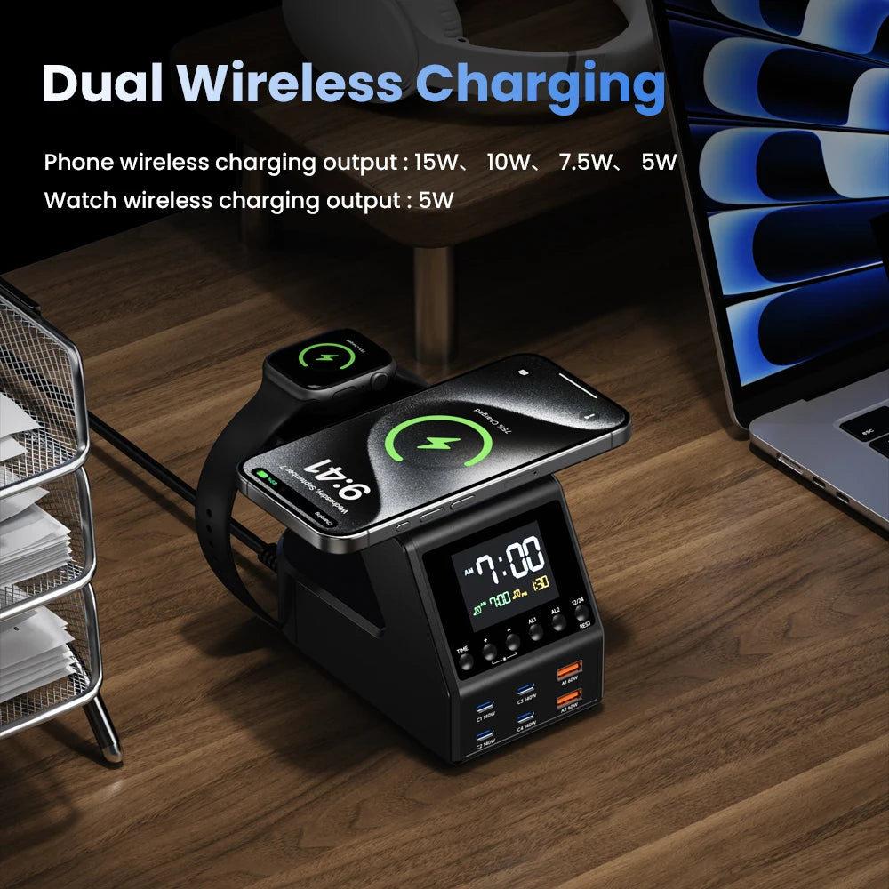 240W GaN Charging Station 10-in-1 – 4×140W USB-C PD3.1 + Wireless Charger & Digital Clock
