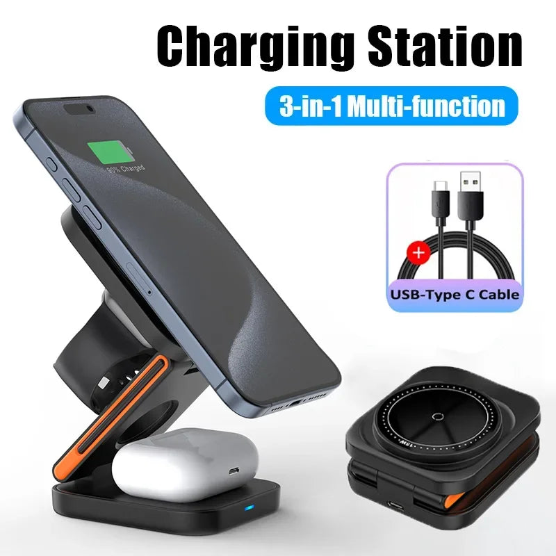 Foldable 3-in-1 Magnetic Wireless Charger – 30W Fast Charging Stand for iPhone, AirPods & Apple Watch