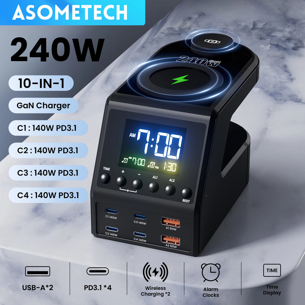 240W GaN Charging Station 10-in-1 – 4×140W USB-C PD3.1 + Wireless Charger & Digital Clock