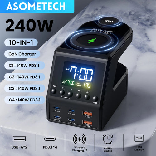240W GaN Charging Station 10-in-1 – 4×140W USB-C PD3.1 + Wireless Charger & Digital Clock