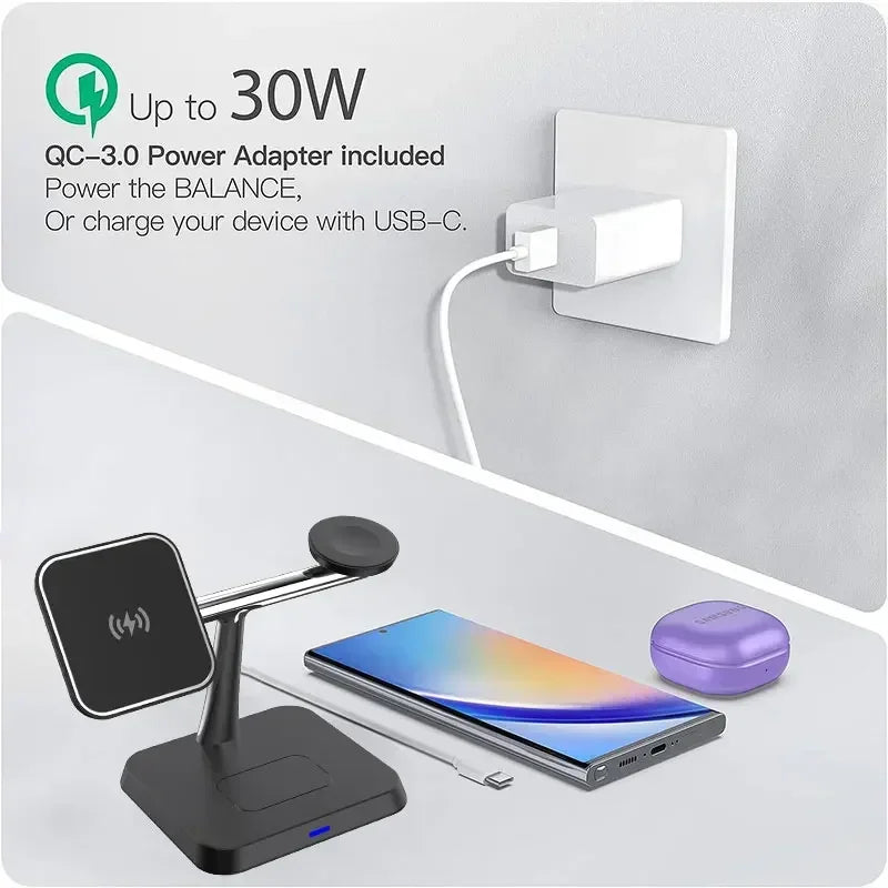 3-in-1 Magnetic Wireless Charger Stand 30W – Fast Charging Dock for iPhone, AirPods & Apple Watch