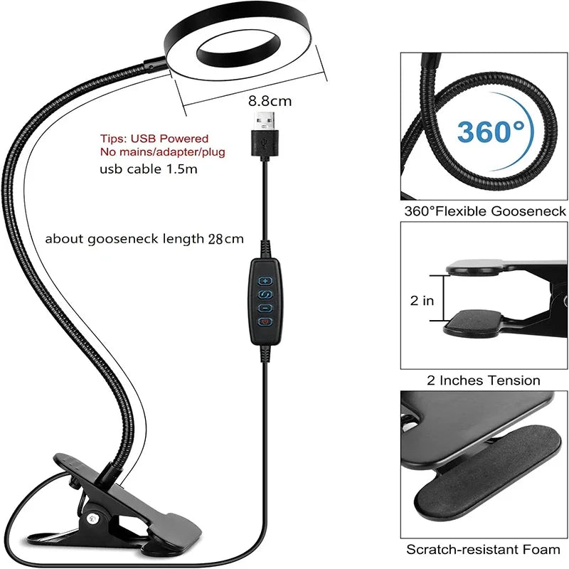 USB Reading Desk Lamp - 3 Modes & 10 Dimming Levels
