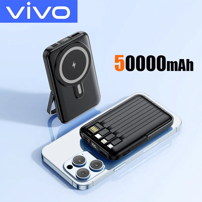 50000mAh Magnetic Wireless Power Bank – 15W Fast Charging, Built-in Cables, 6 Outputs Portable Charger